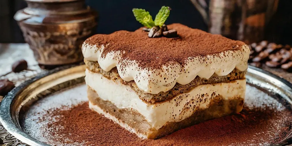 Tiramisú clásico italiano bien cremoso con cacao