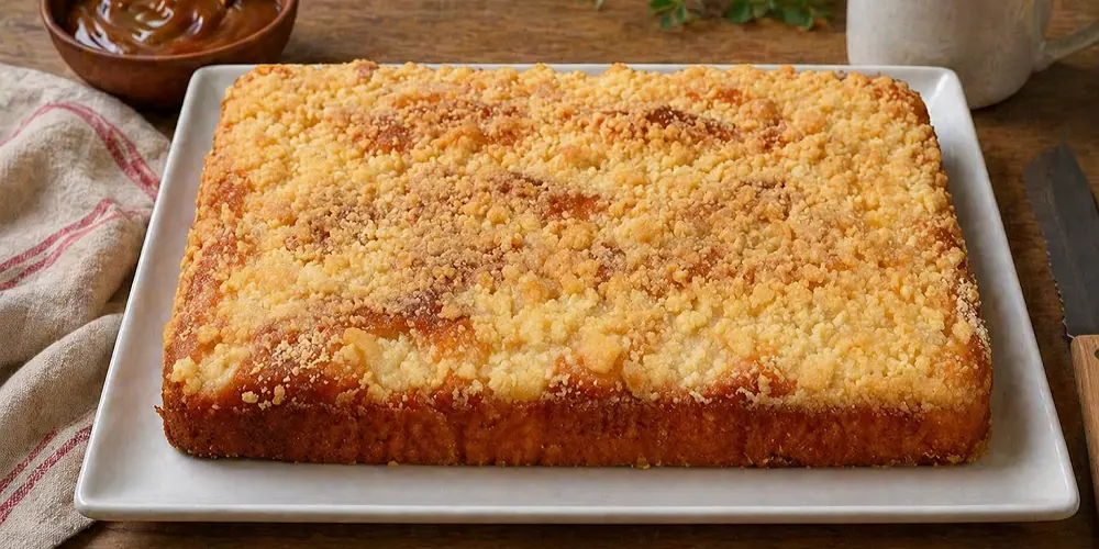 Torta alemana del Volga (Riwwel Kuchen) con cobertura de grumos y relleno de caramelo